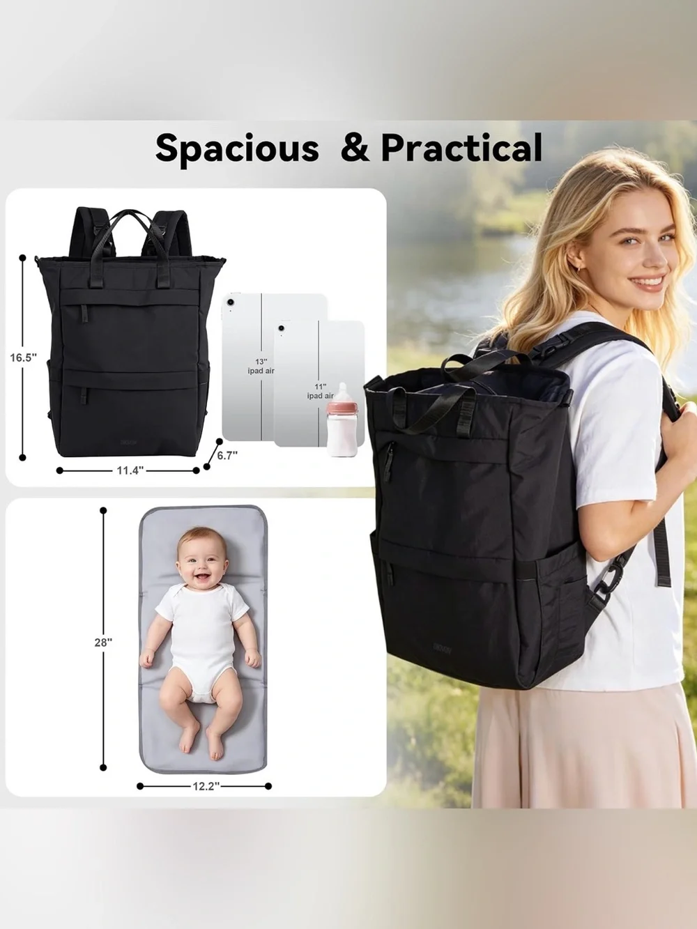 New Diaper bag  Black Tote Backpack - with changing pad